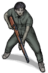 levi in a low and wide stance. he is holding a rifle pointed downward.